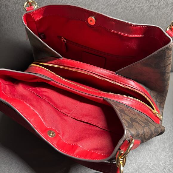 Coach Hallie In Signature Canvas Shoulder Bag Brown True Red NWT $398 - Picture 5 of 12